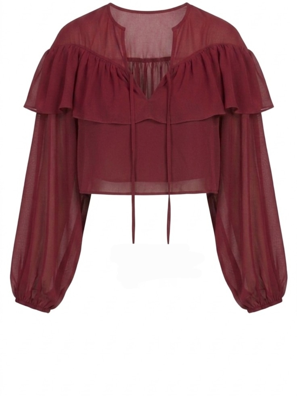 Le Lis Burgundy Flowy Tie Front Ruffle Crop Blouse Peasant Bohemian NWT - Picture 3 of 3